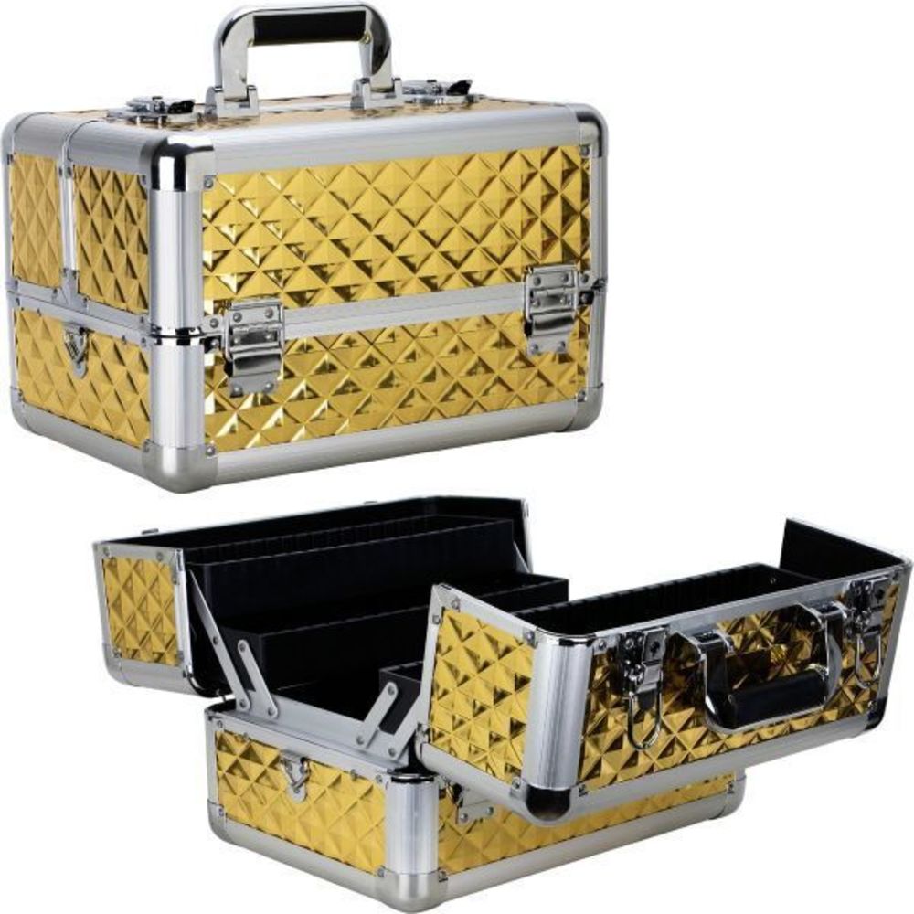Gold Diamond Cosmetics Case Professional makeup organizer with 4 Extendable Tray